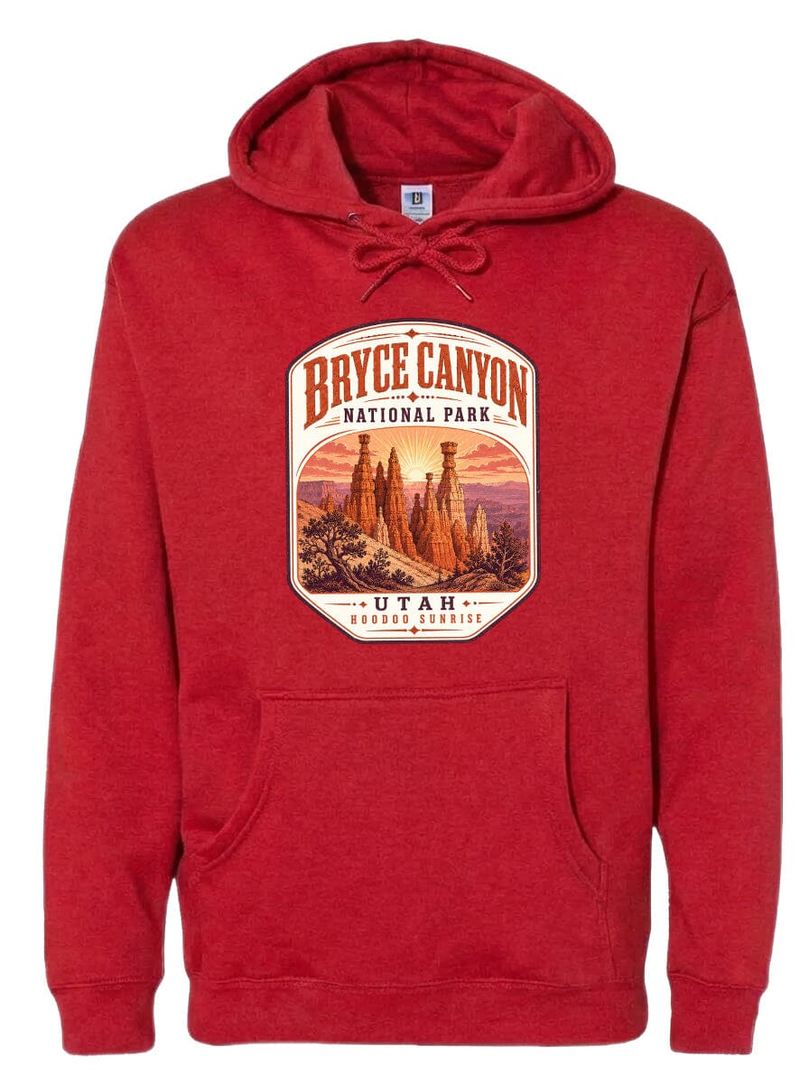 A red hoodie with a graphic design depicting Bryce Canyon National Park and Utah.