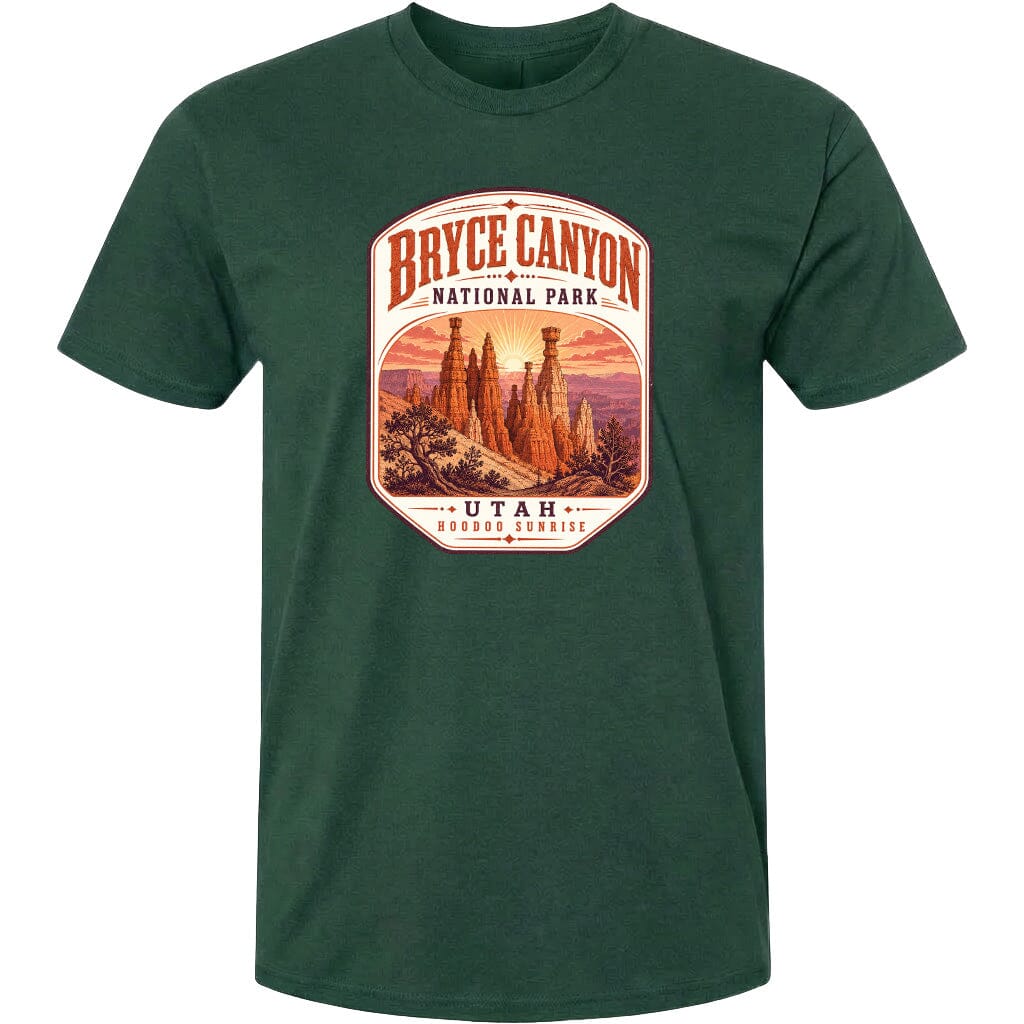 A green t-shirt with a graphic design depicting the Bryce Canyon National Park in Utah.