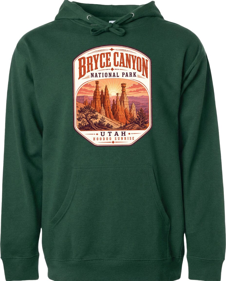 A green hoodie with a graphic design depicting Bryce Canyon National Park and Utah.