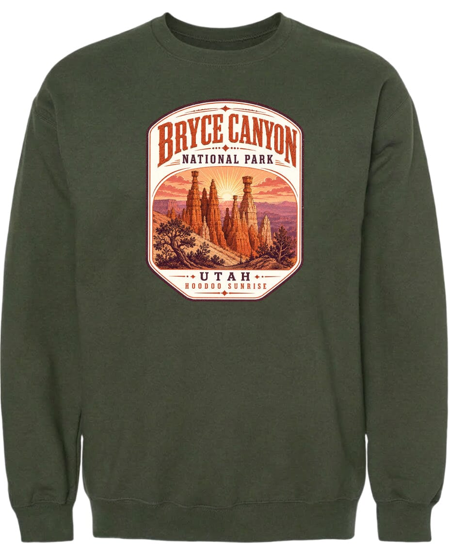 A green sweatshirt with a graphic design depicting the Bryce Canyon National Park in Utah.