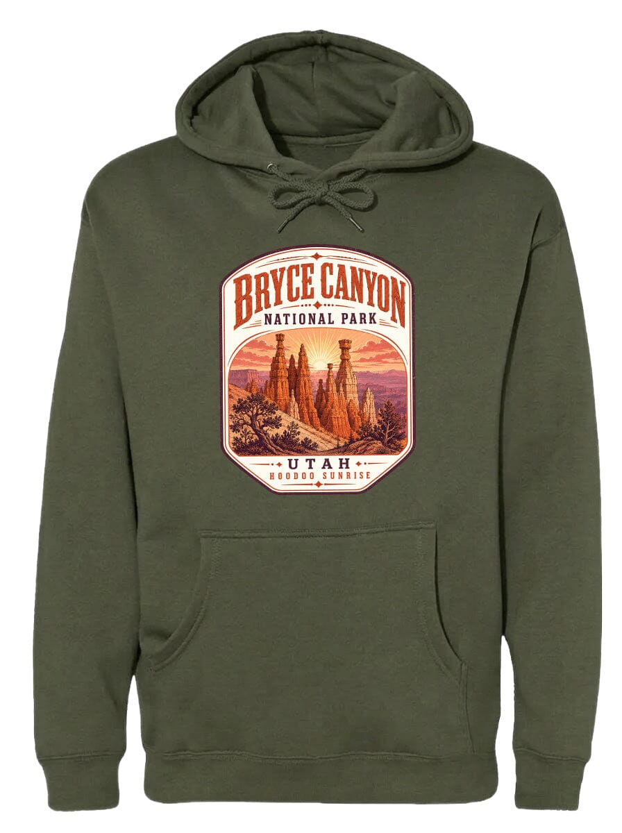 A green hoodie with a graphic design depicting Bryce Canyon National Park and Utah.