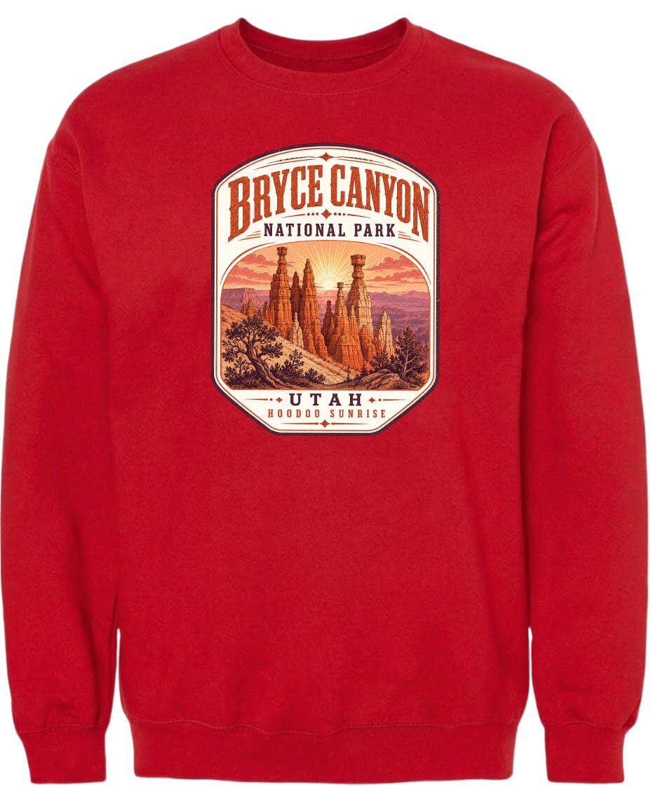 A red sweatshirt with a graphic design depicting the Bryce Canyon National Park in Utah.