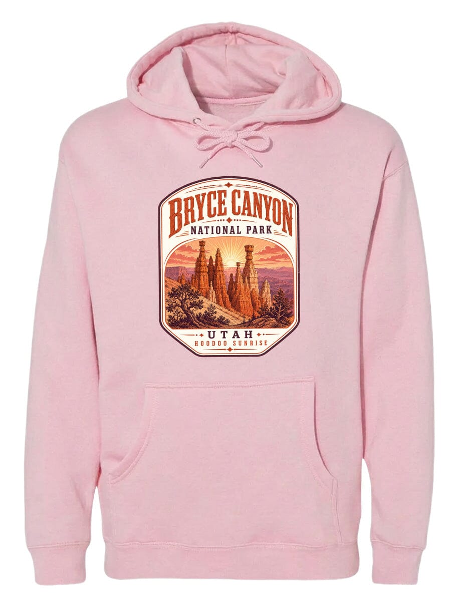 A pink hoodie with a graphic of Bryce Canyon National Park and Utah on it.