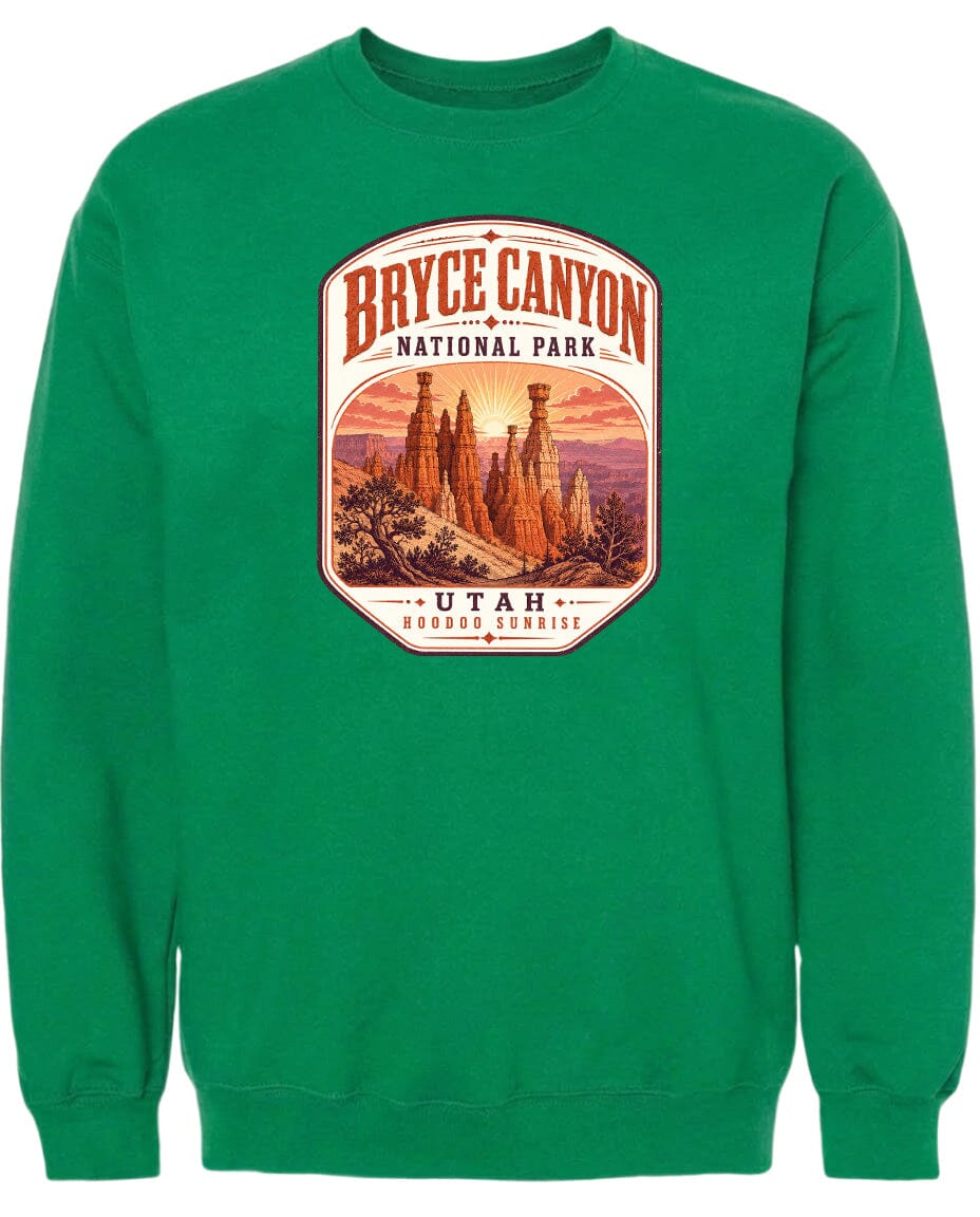 A green sweatshirt with a graphic design depicting the Bryce Canyon National Park in Utah.