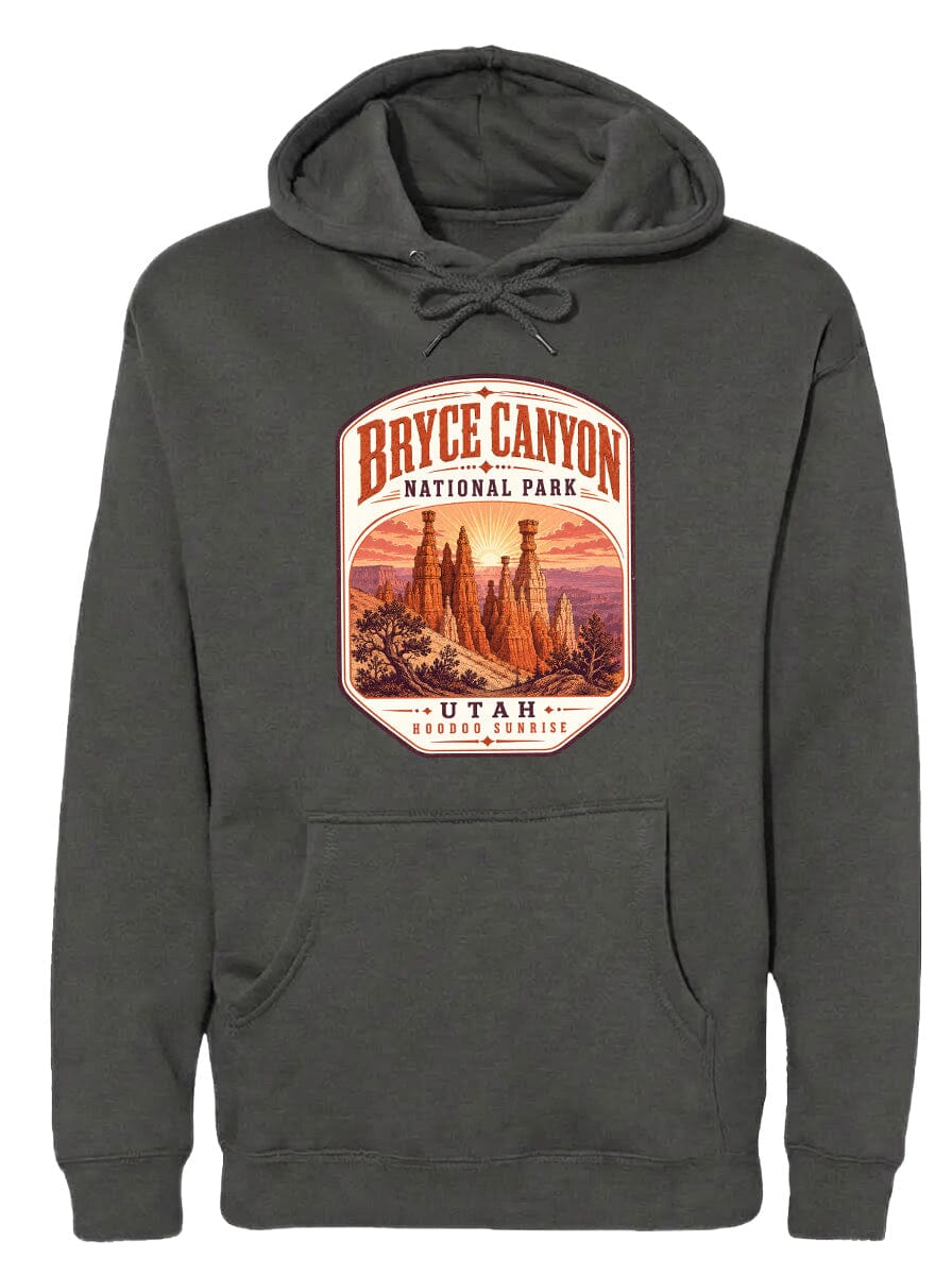 A gray hoodie with a graphic design depicting Bryce Canyon National Park and Utah.