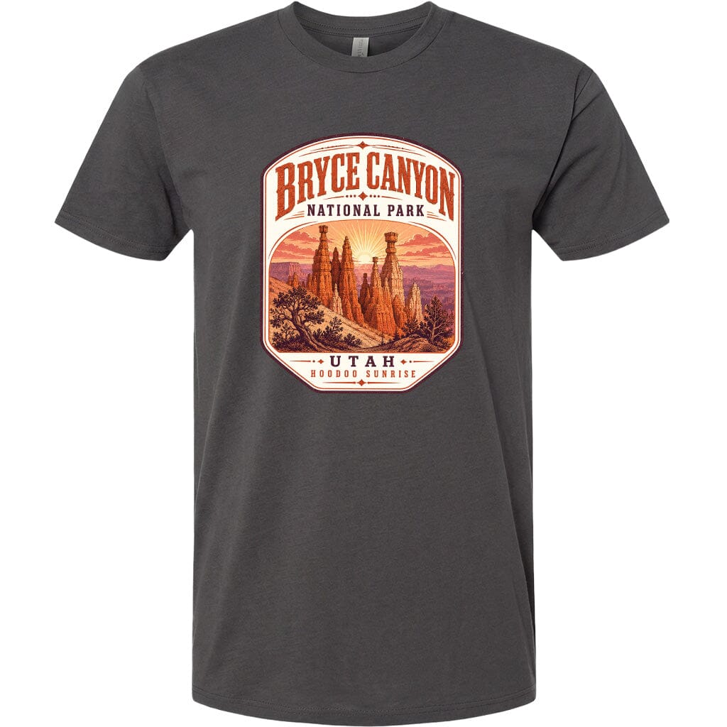 A gray t-shirt with a graphic design depicting the Bryce Canyon National Park in Utah.