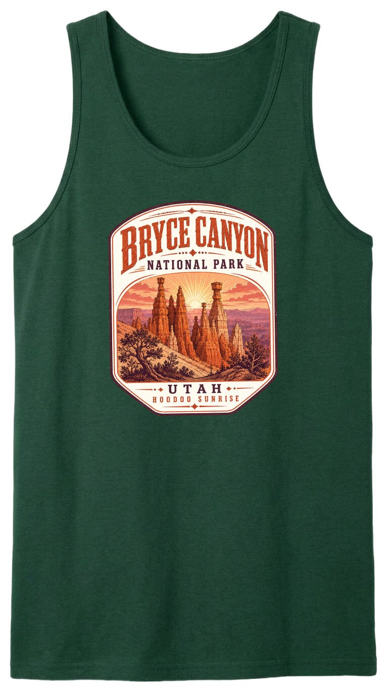 A green tank top with a graphic design depicting Bryce Canyon National Park, featuring the iconic hoodoos and the sunrise.
