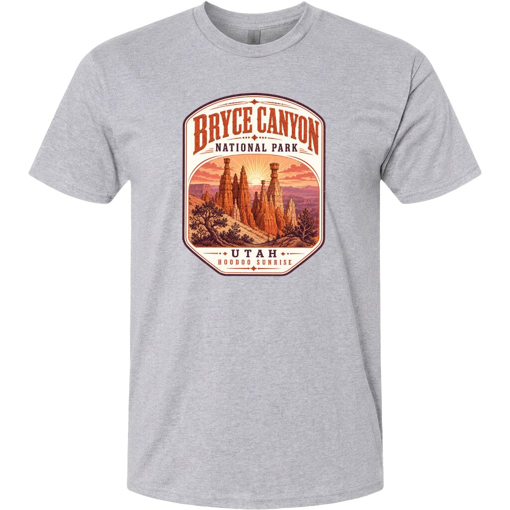 A gray t-shirt with a graphic design depicting the Bryce Canyon National Park in Utah.
