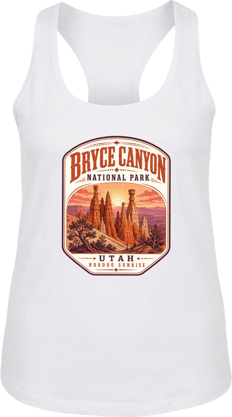A white tank top with a graphic design depicting Bryce Canyon National Park and Utah's Hoodoo Sunset.