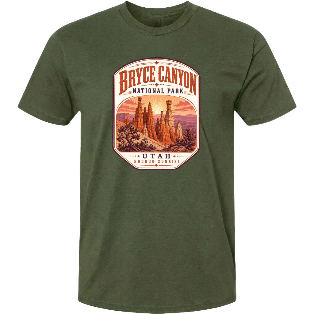 A green t-shirt with a graphic design depicting the Bryce Canyon National Park in Utah.