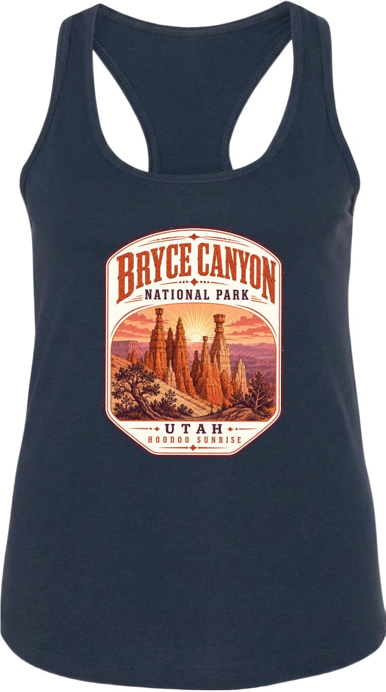 A graphic design on a dark tank top featuring the Bryce Canyon National Park logo and a scenic illustration of the park's iconic rock formations.