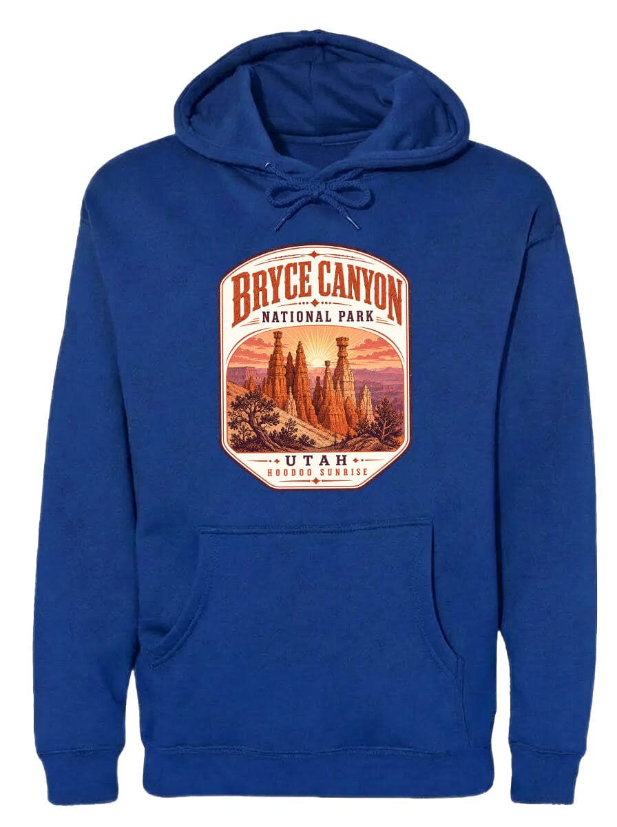 A blue hoodie with a graphic design depicting Bryce Canyon National Park and Utah.