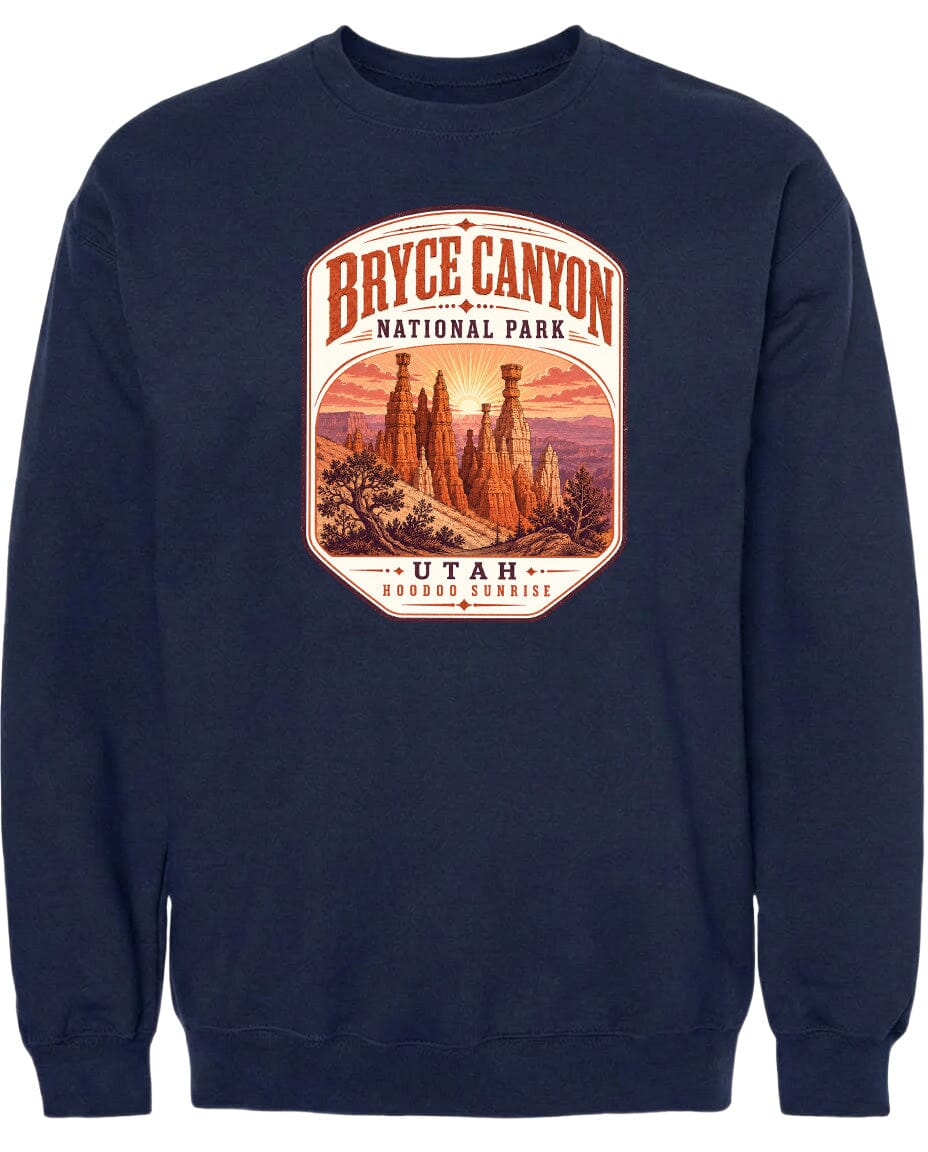 A navy blue sweatshirt with a graphic design depicting the Bryce Canyon National Park in Utah.