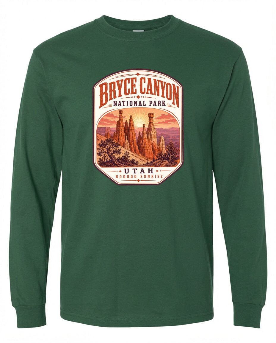 A green long-sleeved t-shirt with a graphic design depicting the landscape of Bryce Canyon National Park in Utah.