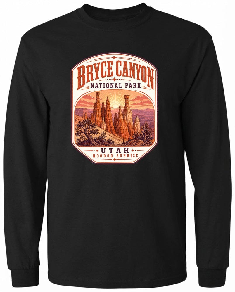 A black long-sleeved shirt with a graphic design depicting the Bryce Canyon National Park in Utah.
