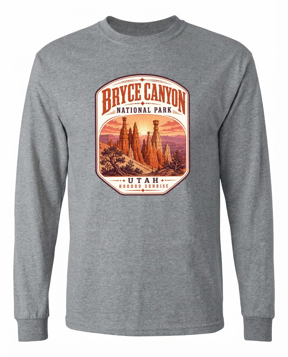 A gray long-sleeved t-shirt with a graphic design depicting the Bryce Canyon National Park in Utah.