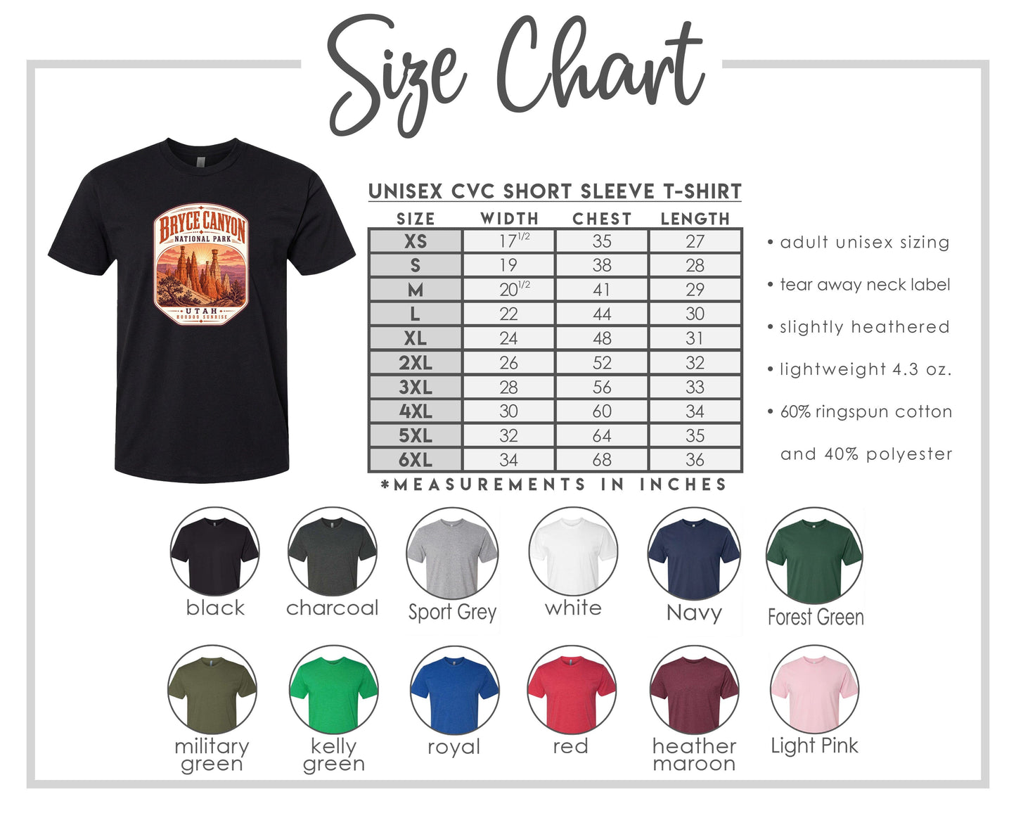 The image is a size chart for a short sleeve t-shirt, including various sizes and measurements in inches.