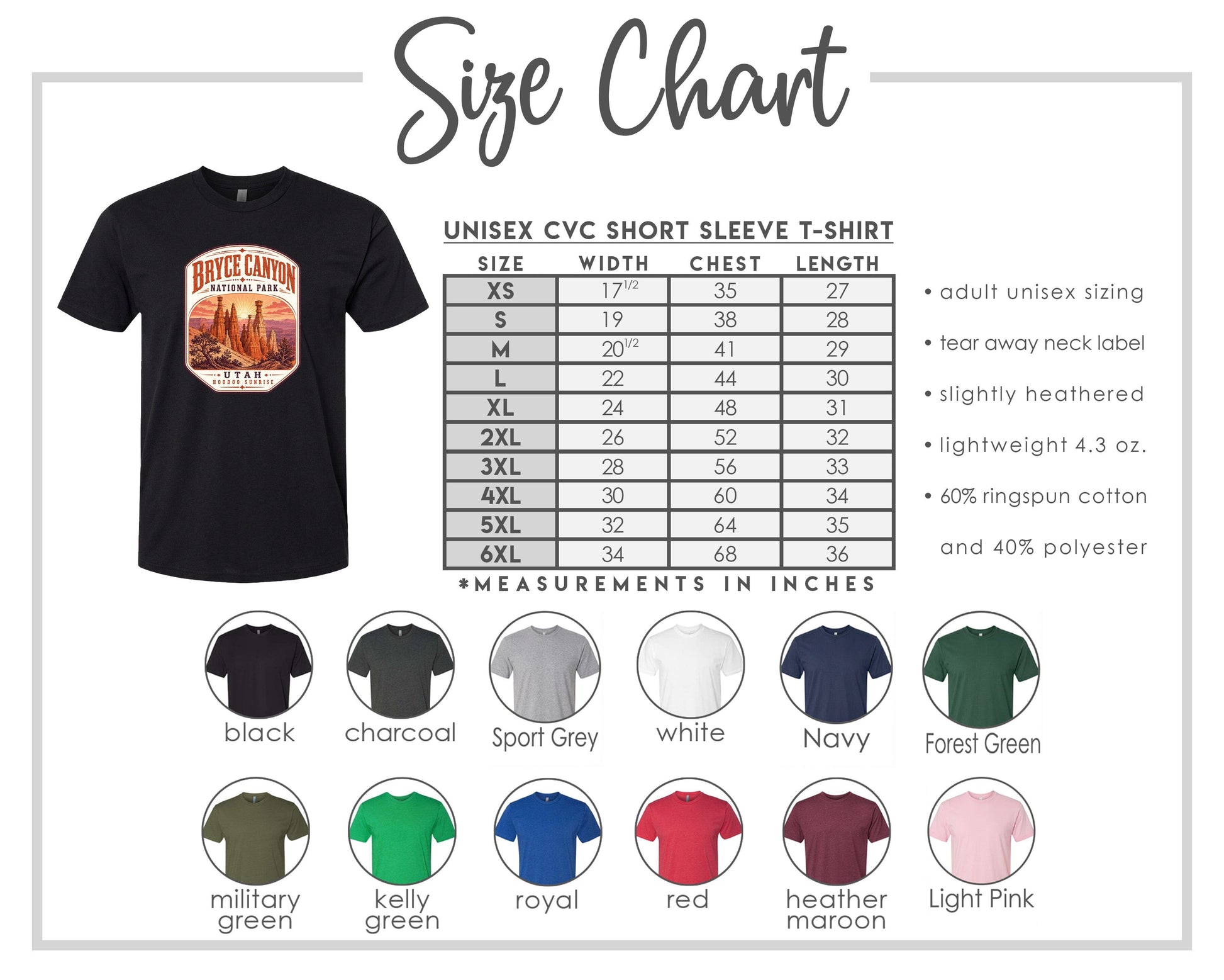 The image is a size chart for a short sleeve t-shirt, including various sizes and measurements in inches.