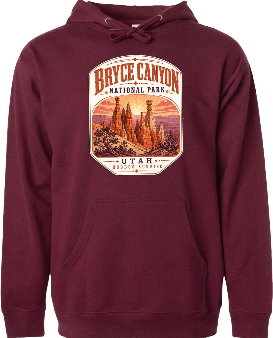 A burgundy-colored hoodie with a graphic design depicting Bryce Canyon National Park and Utah.