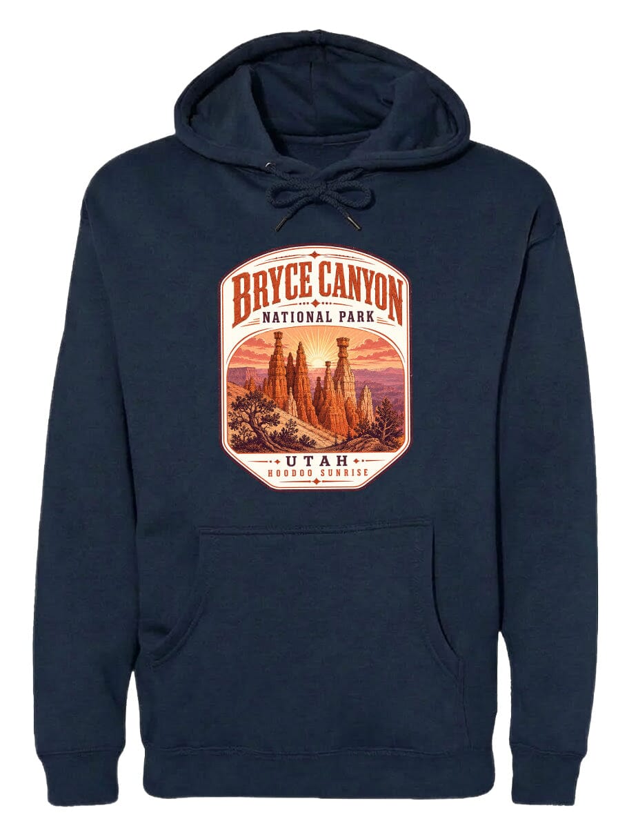 A navy blue hoodie with a graphic design depicting Bryce Canyon National Park and Utah.
