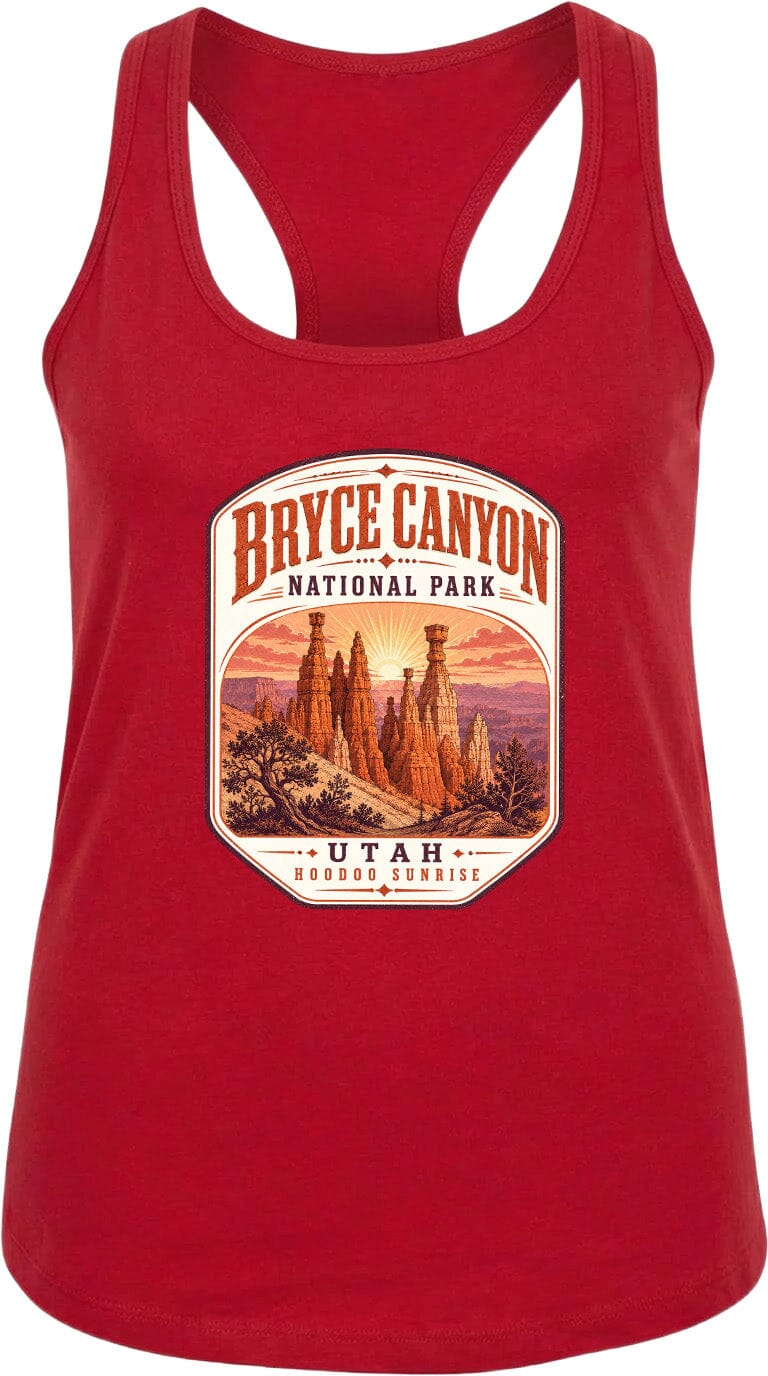A red tank top with a graphic design depicting Bryce Canyon National Park and Utah Hoodoo Sunset.