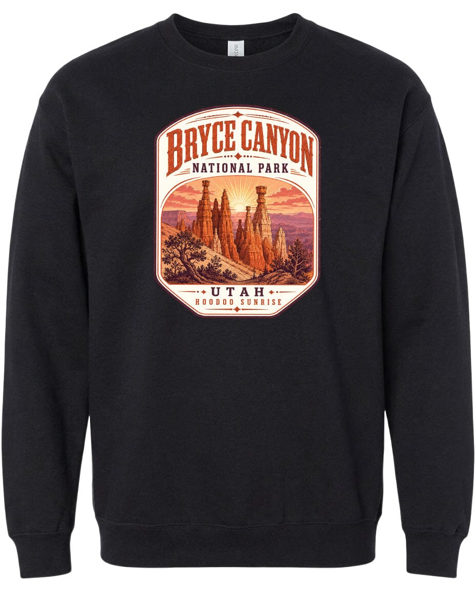 A black sweatshirt with a graphic design depicting the Bryce Canyon National Park in Utah.