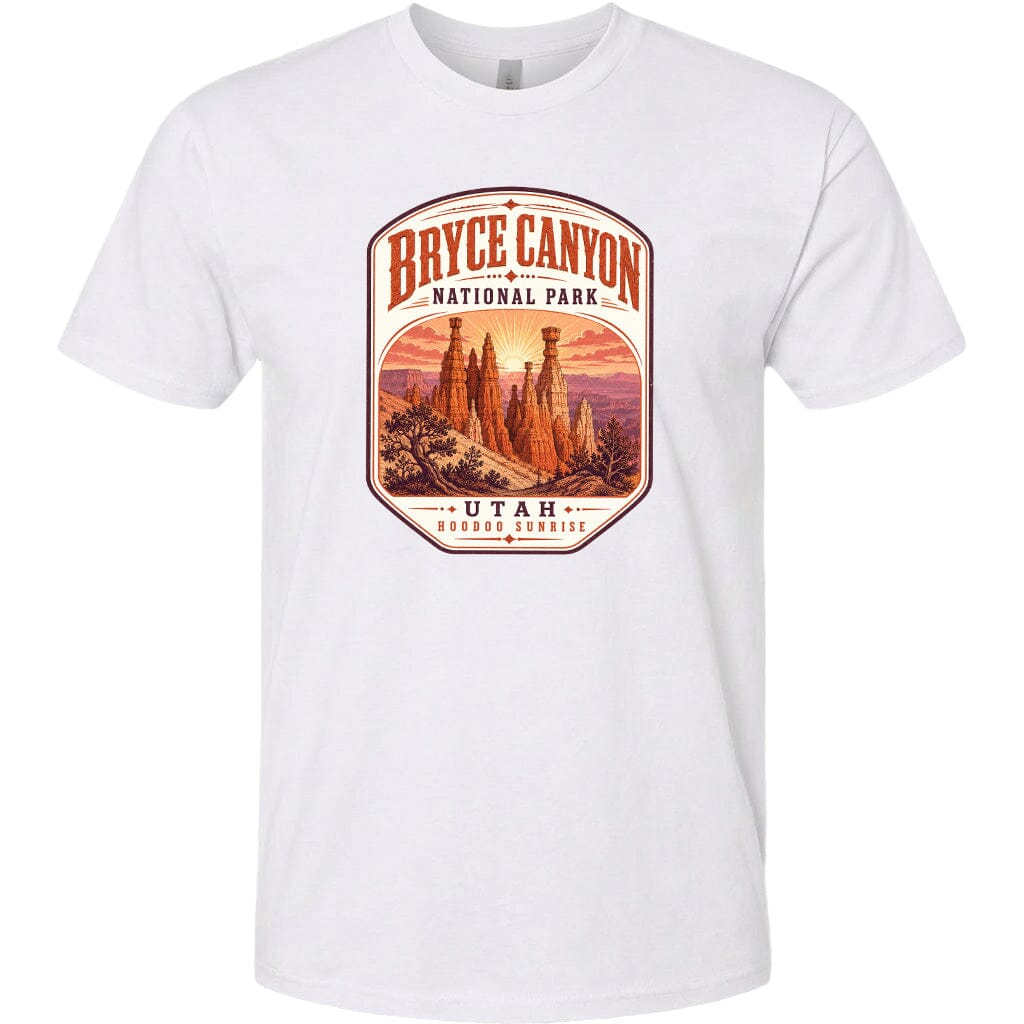 A white t-shirt with a graphic design depicting the Bryce Canyon National Park in Utah.