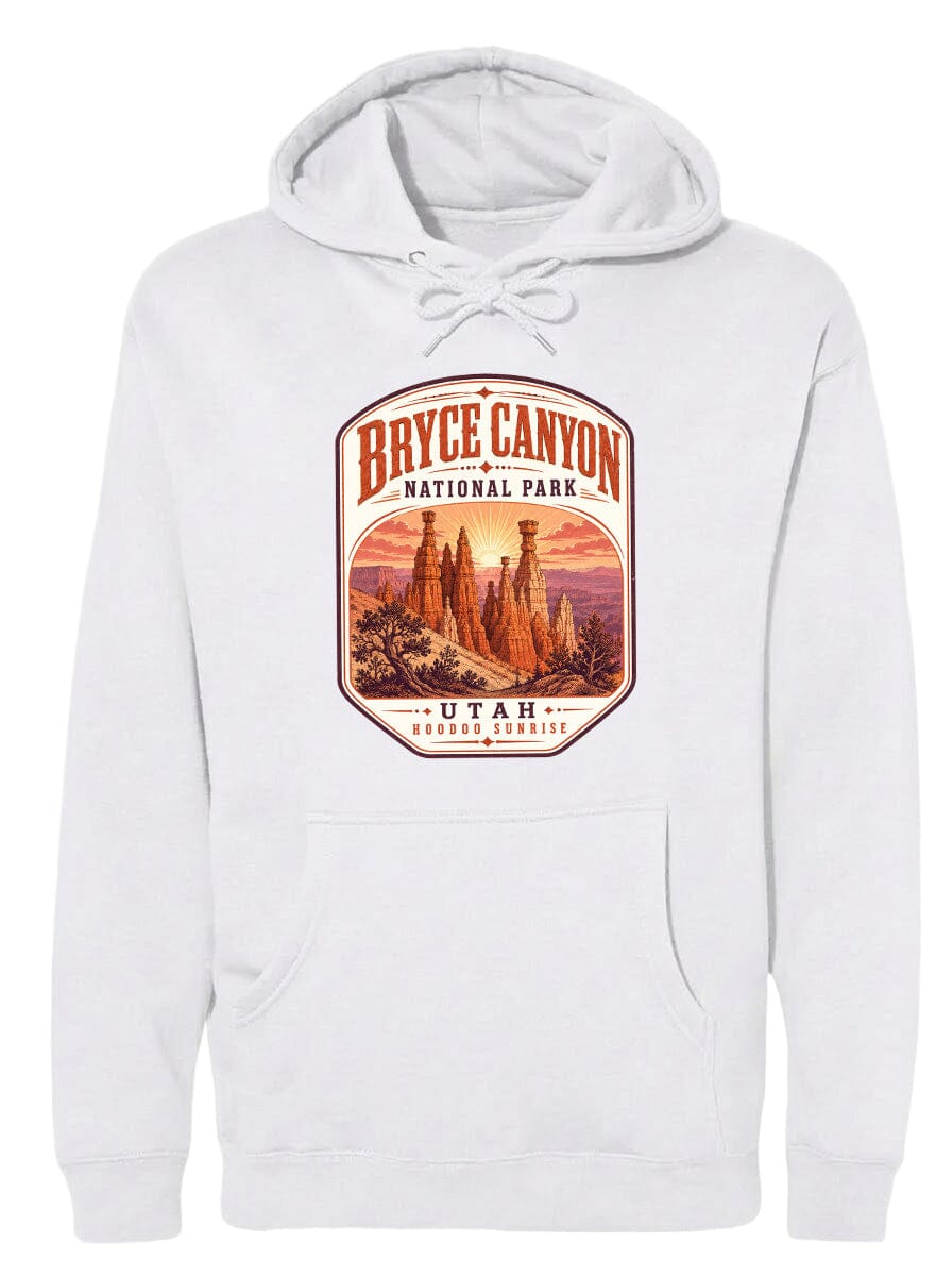 A white hoodie with a graphic design depicting Bryce Canyon National Park and Utah.