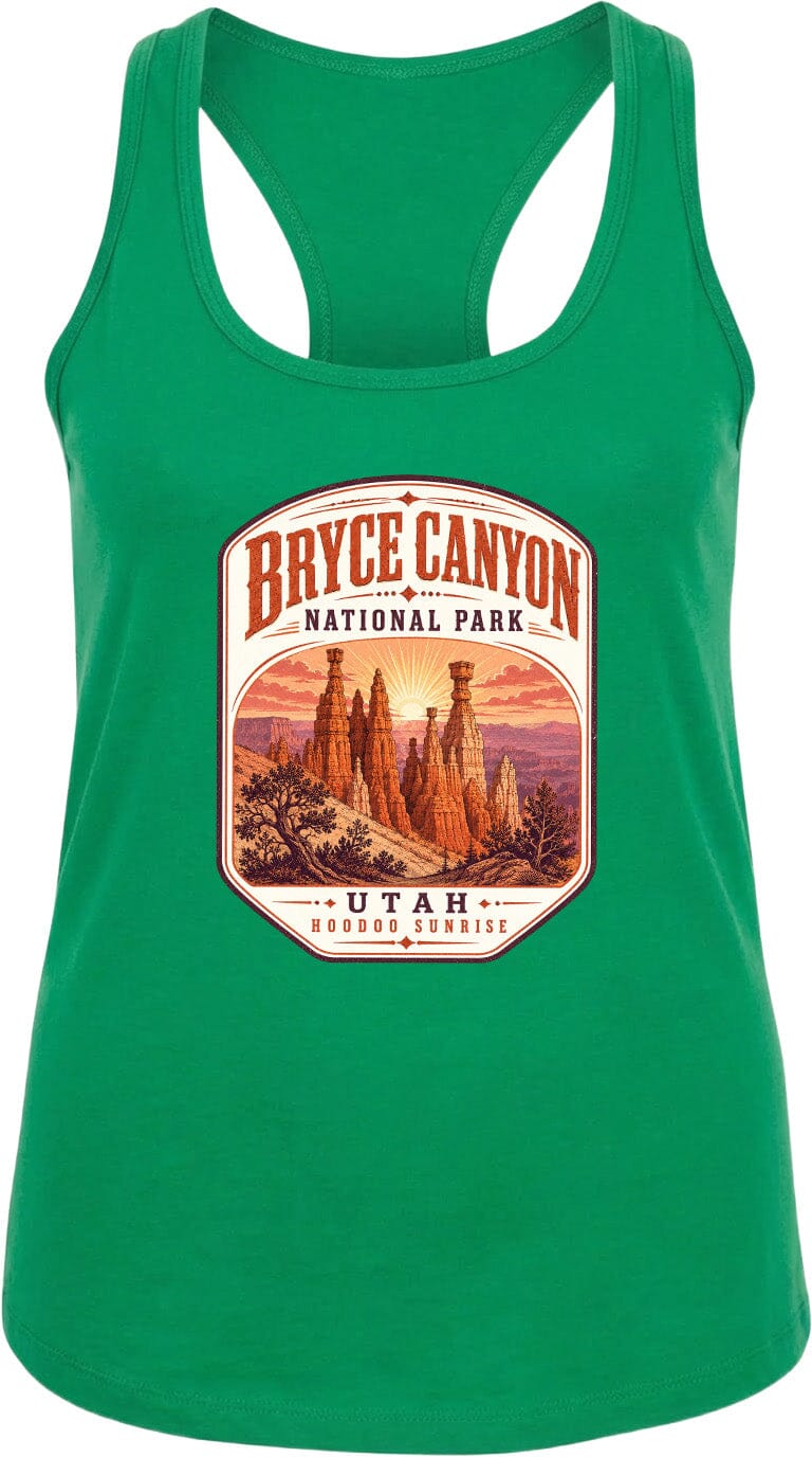 A green tank top with a graphic design depicting Bryce Canyon National Park and Utah Hoodoo Sunset.
