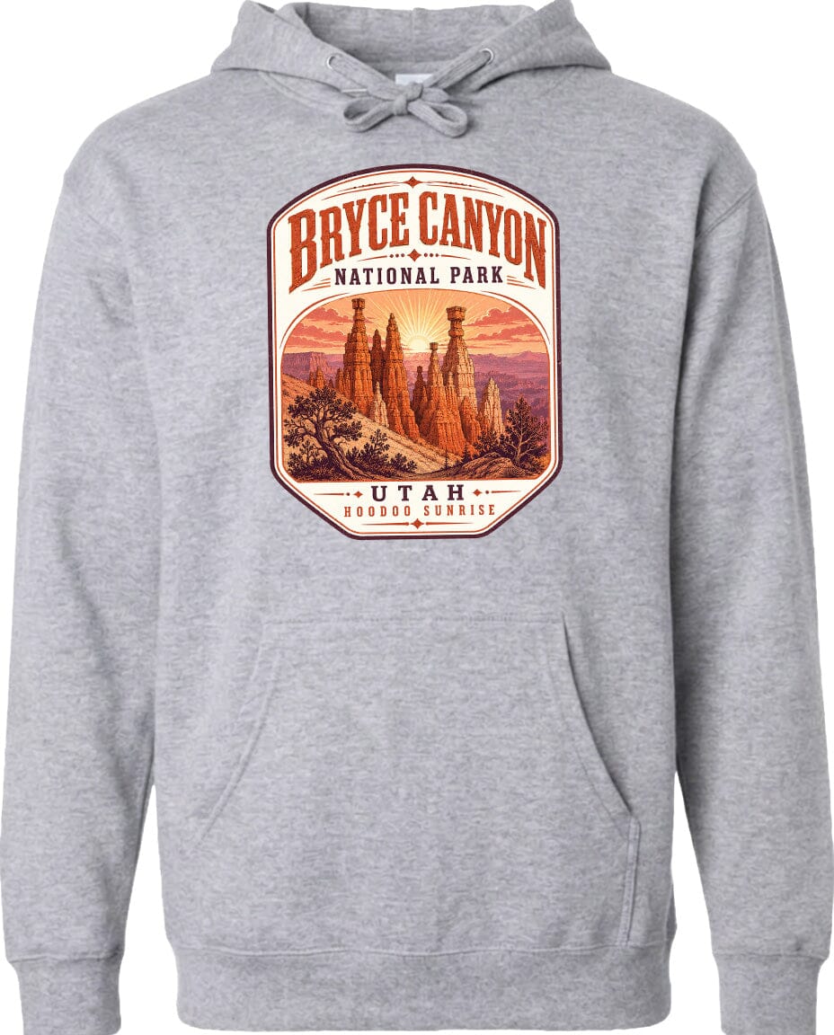 A gray hoodie with a graphic design depicting the Bryce Canyon National Park in Utah.