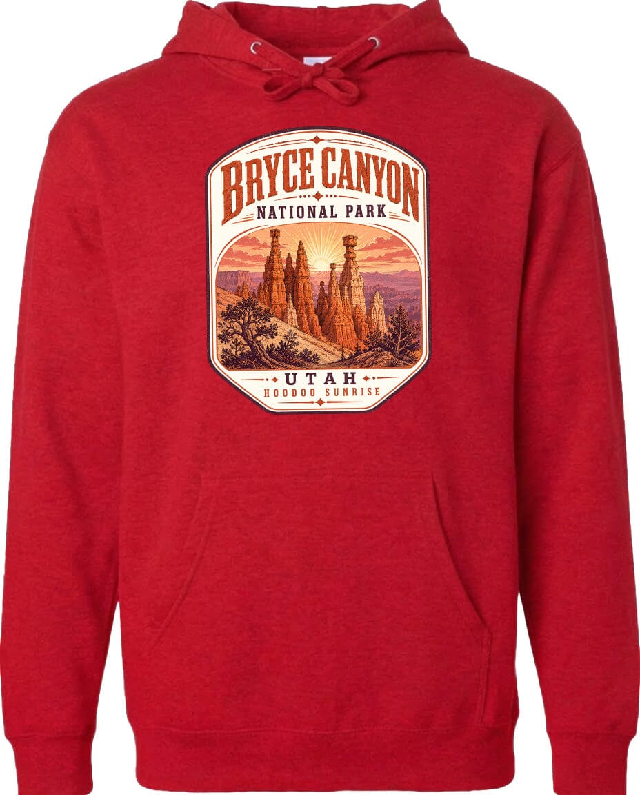 A red hoodie with a graphic design depicting the Bryce Canyon National Park in Utah.