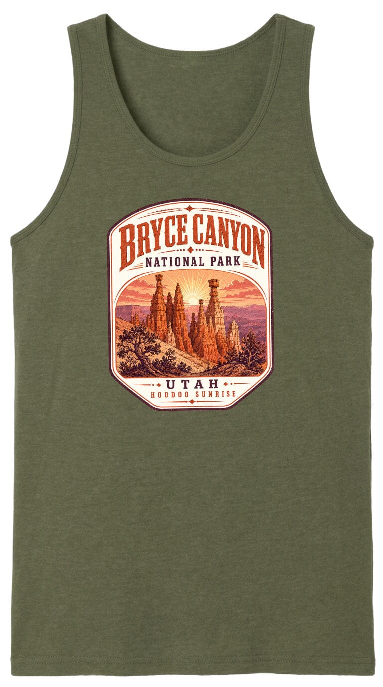 A green tank top with a graphic design depicting the Bryce Canyon National Park in Utah.
