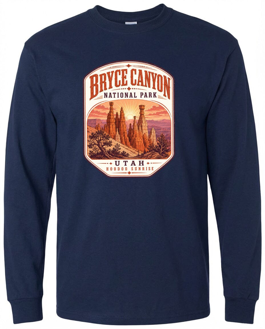 A long-sleeved navy blue t-shirt with a graphic design depicting the Bryce Canyon National Park in Utah.