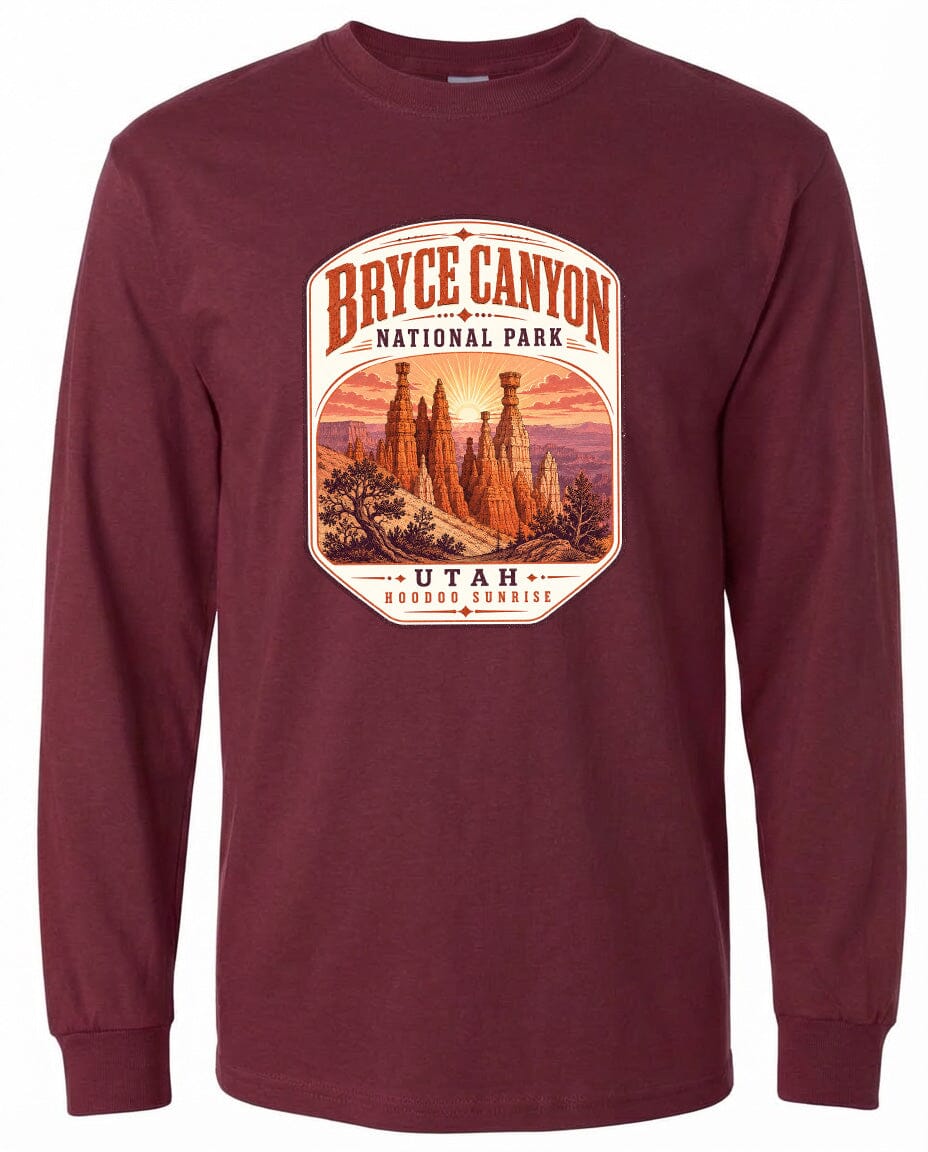A long-sleeved burgundy t-shirt with a graphic design depicting the Bryce Canyon National Park in Utah.