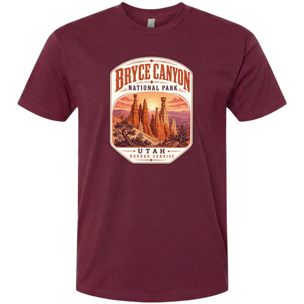 A maroon t-shirt with a graphic design depicting the Bryce Canyon National Park in Utah.