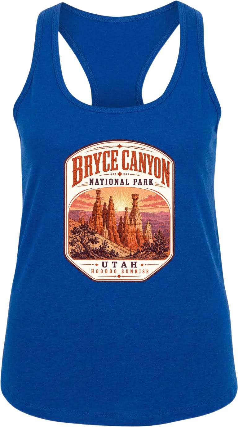 A blue tank top with a graphic design depicting Bryce Canyon National Park and Utah.