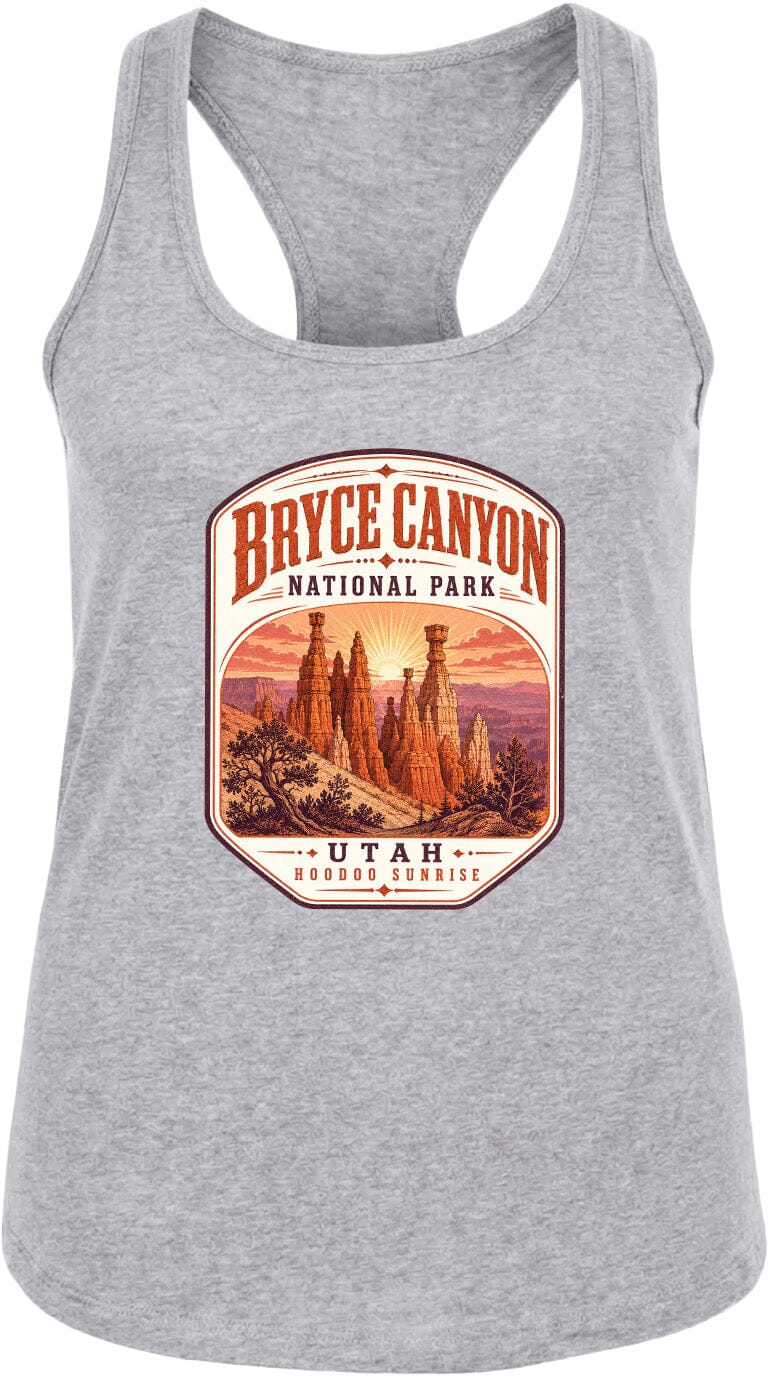 A gray tank top with a graphic design depicting Bryce Canyon National Park and Utah.