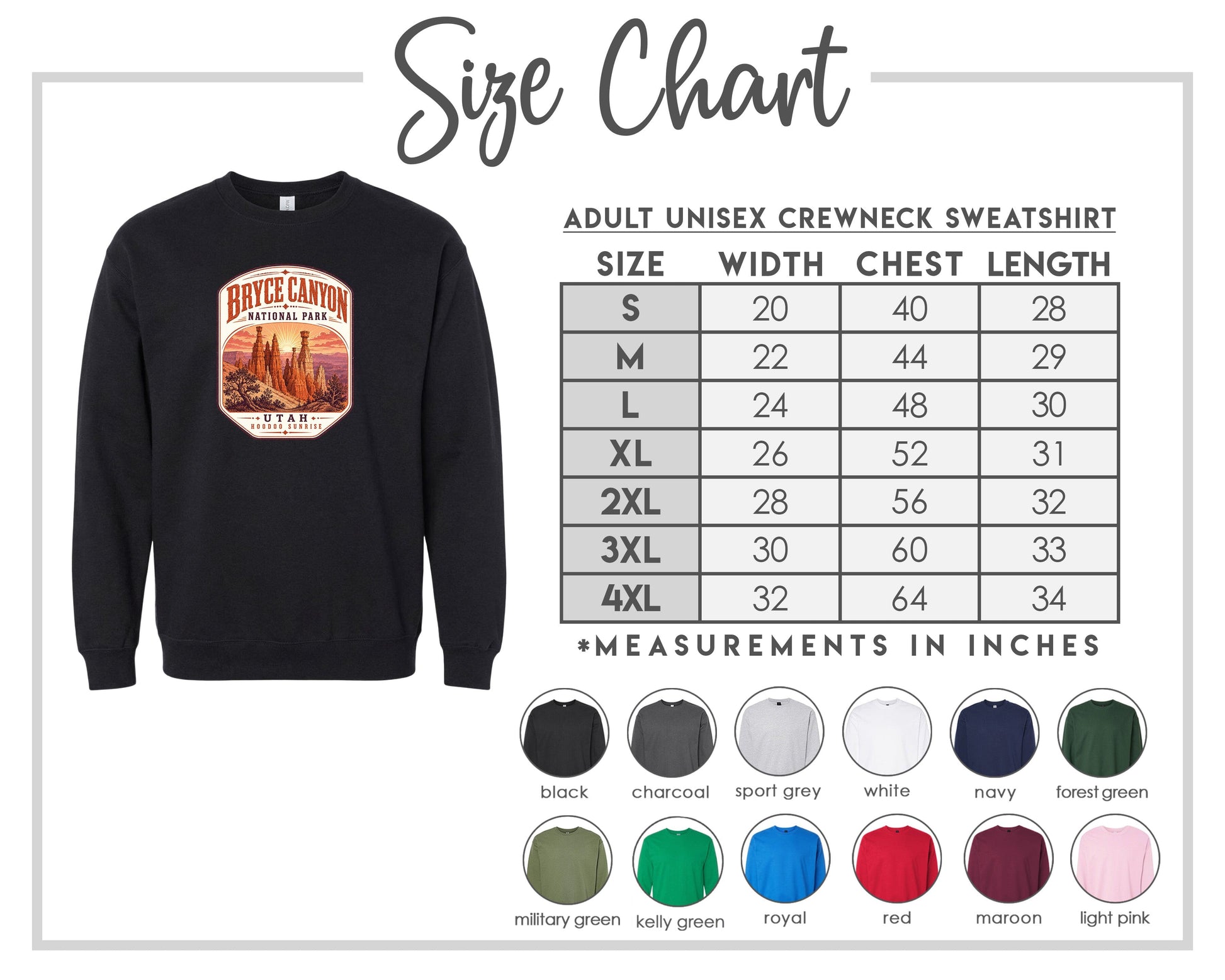 The image is a size chart for an adult unisex crewneck sweatshirt. It includes a black crewneck sweatshirt with a graphic design and a table with size measurements for different chest and waist sizes.