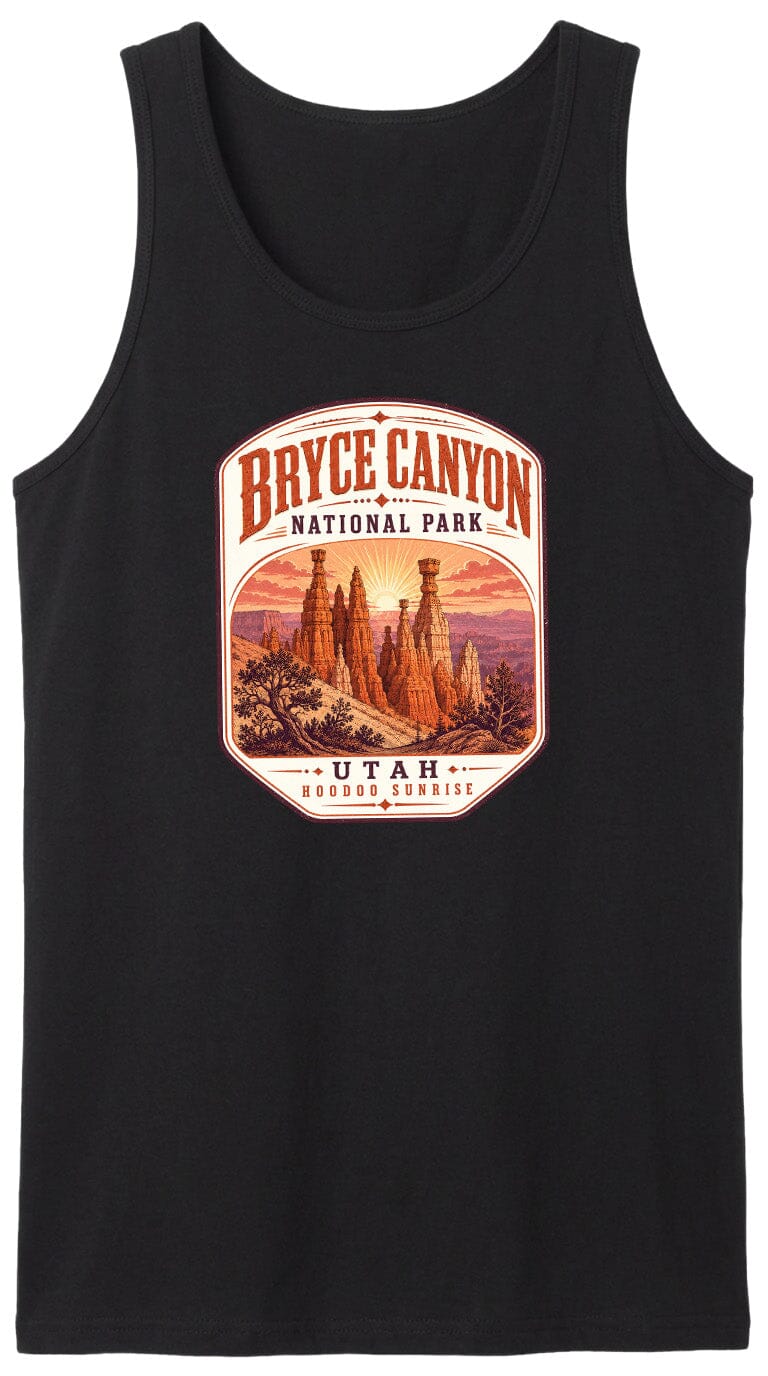 A black tank top with a graphic design depicting the Bryce Canyon National Park in Utah.