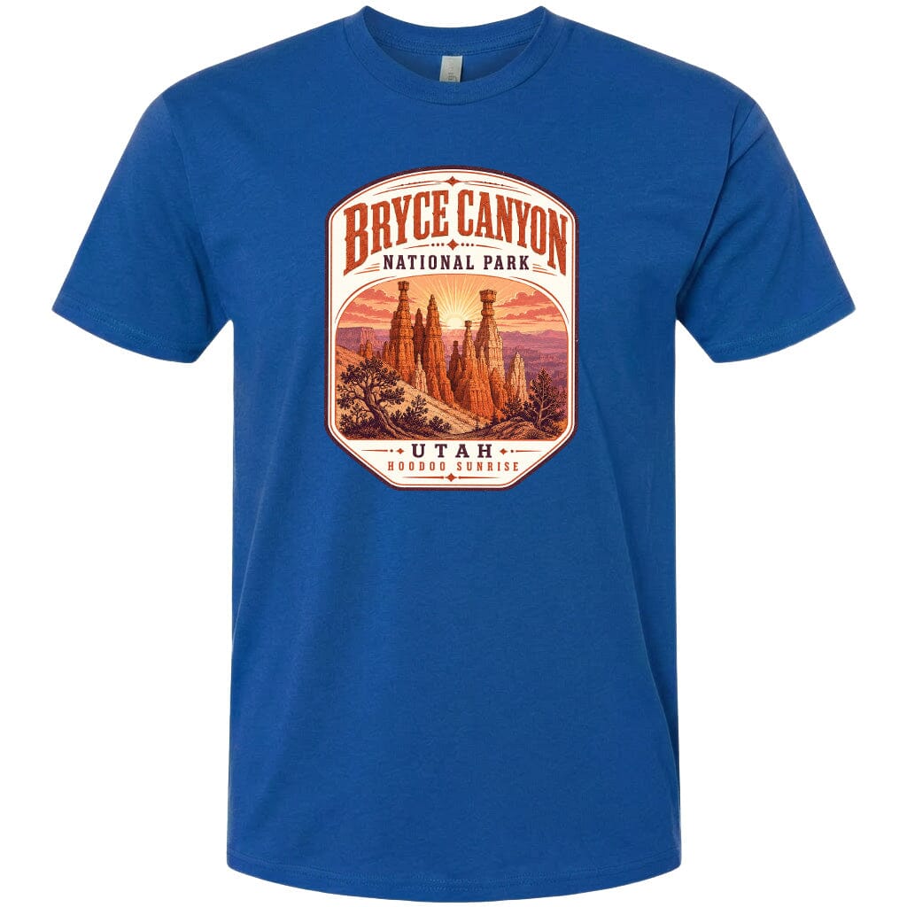 A blue t-shirt with a graphic design depicting the Bryce Canyon National Park in Utah.