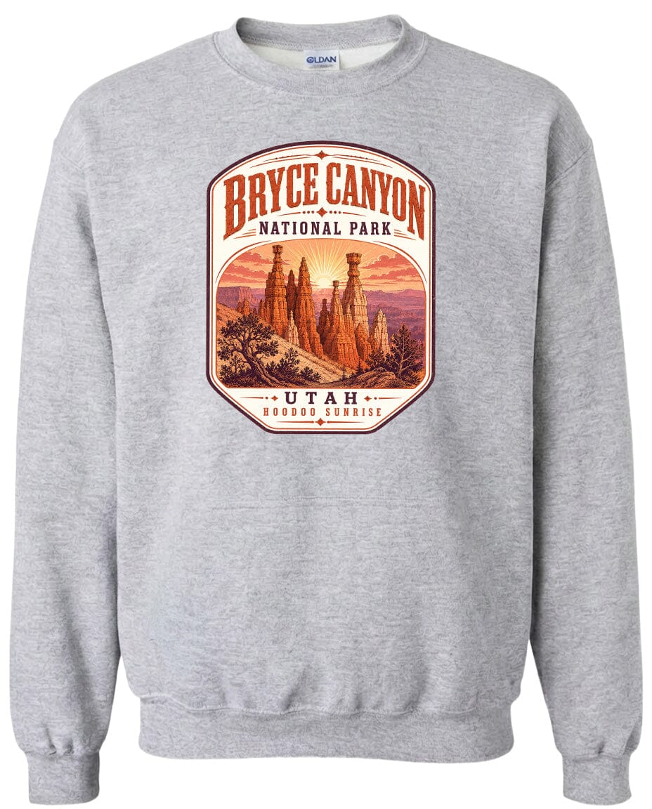 A gray sweatshirt with a graphic design depicting the Bryce Canyon National Park in Utah.