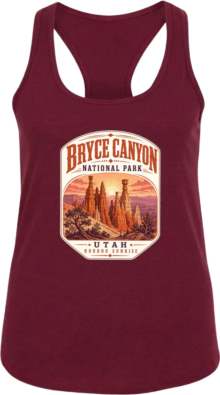 A red tank top with a graphic design depicting Bryce Canyon National Park and Utah Hoodoo Sunset.