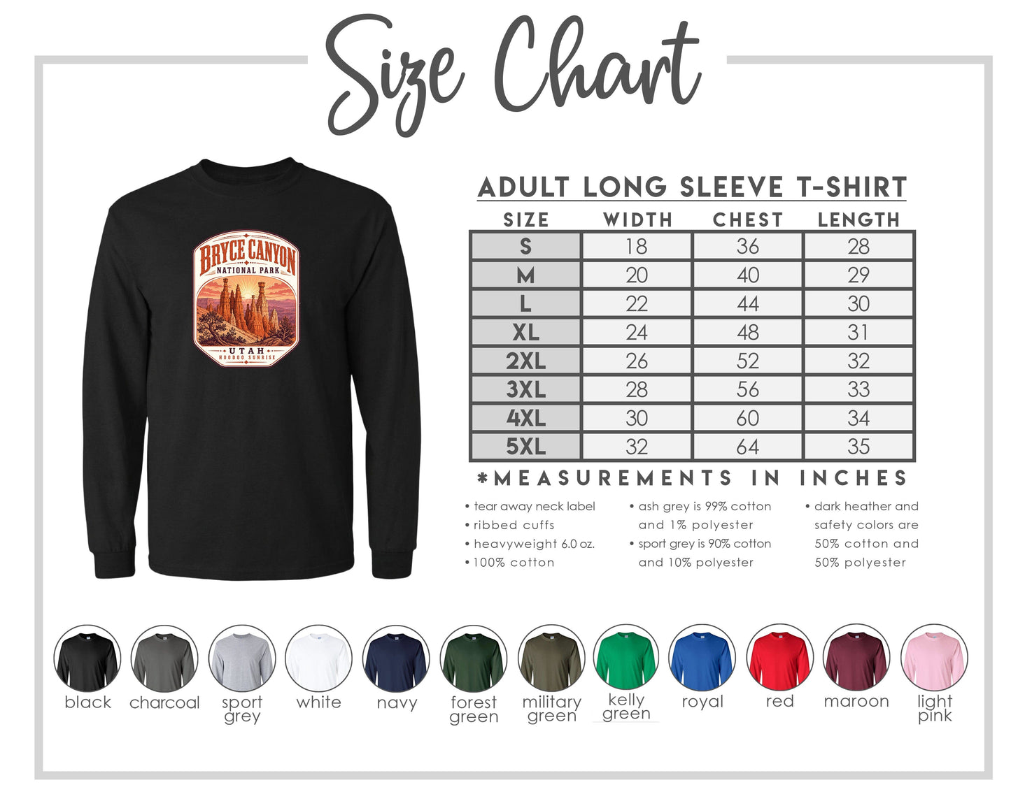 The image is a size chart for an adult long sleeve t-shirt, including a black t-shirt with a graphic design and a table with measurements and color options.
