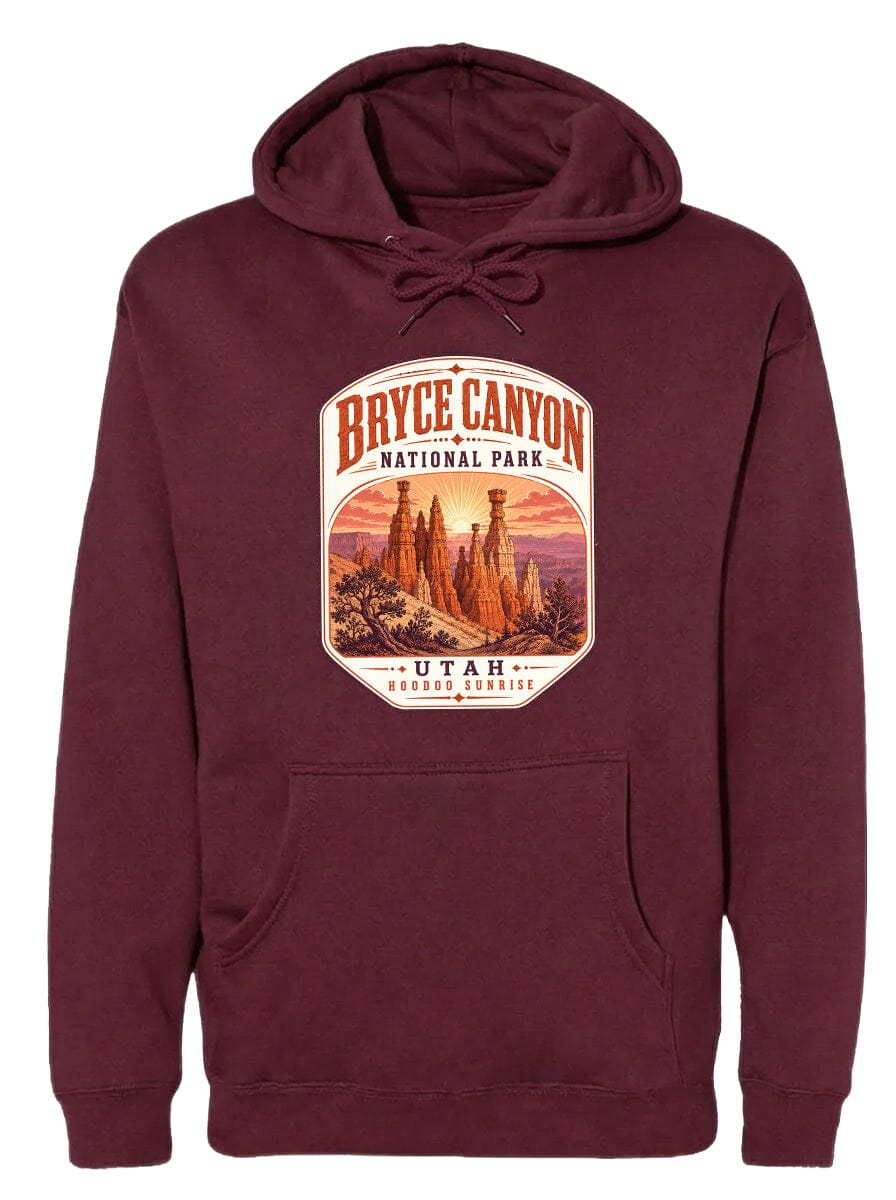 A burgundy-colored hoodie with a graphic design depicting Bryce Canyon National Park and Utah.