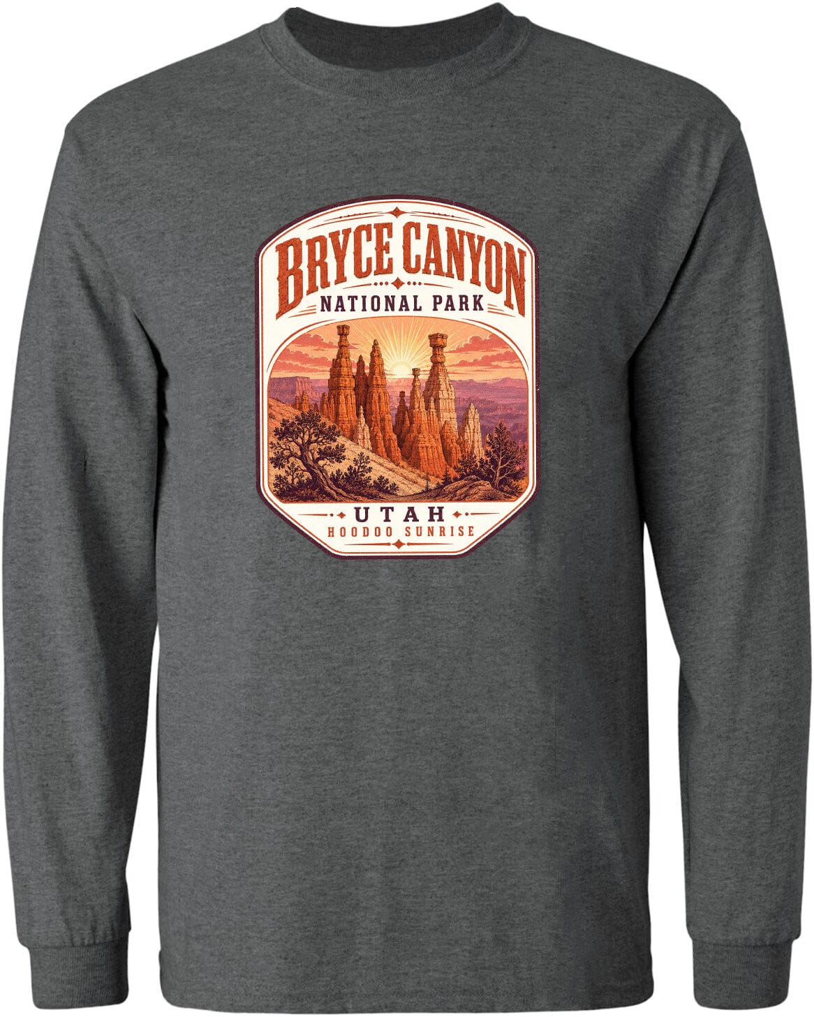 A gray long-sleeved t-shirt with a graphic design depicting the Bryce Canyon National Park in Utah.