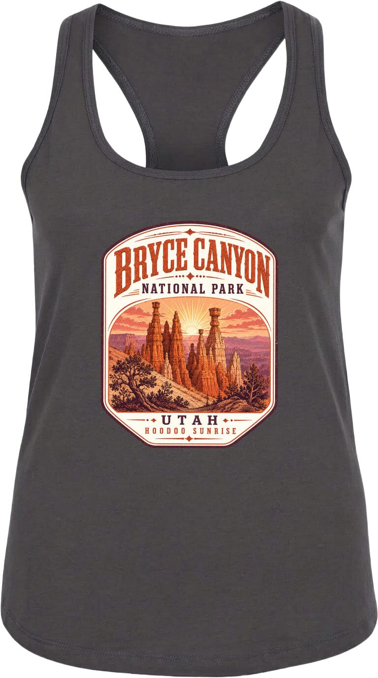 A gray tank top with a graphic design depicting Bryce Canyon National Park and Utah Hoodoo Sunset.