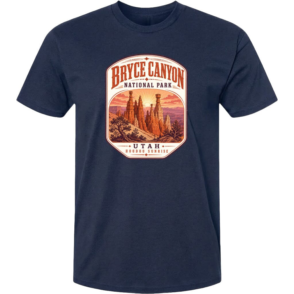 A navy blue t-shirt with a graphic design depicting the Bryce Canyon National Park in Utah.