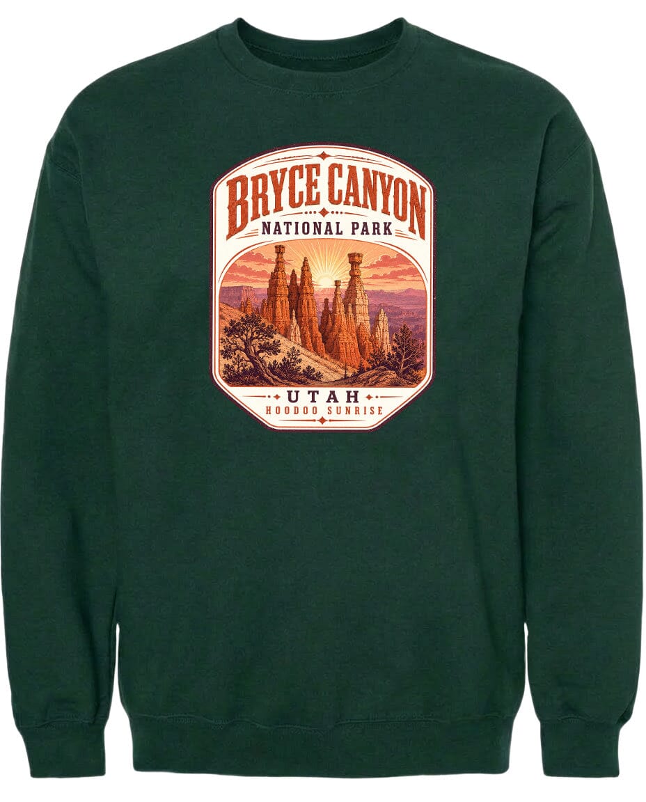 A green sweatshirt with a graphic design depicting the Bryce Canyon National Park in Utah.