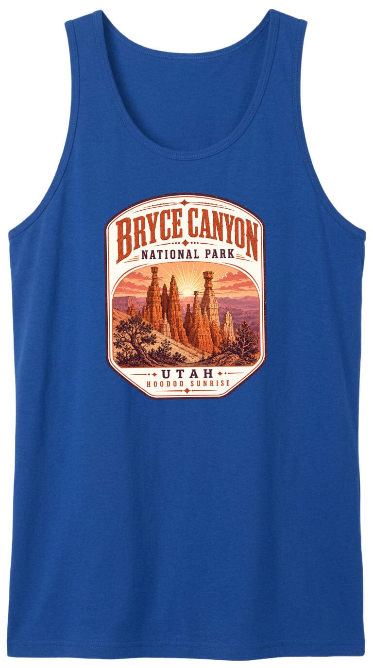 A blue tank top with a graphic design depicting the Bryce Canyon National Park in Utah.