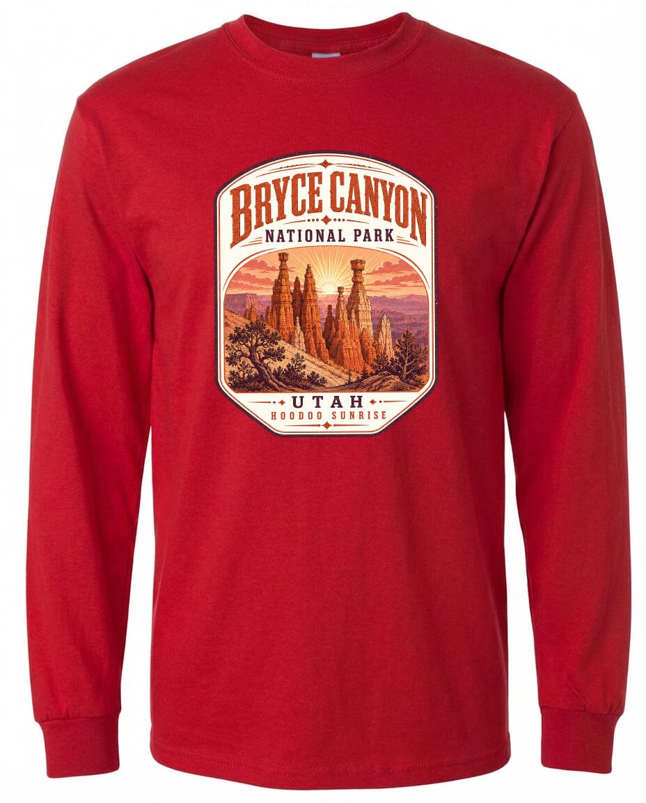 A red long-sleeved t-shirt with a graphic design depicting the Bryce Canyon National Park in Utah.